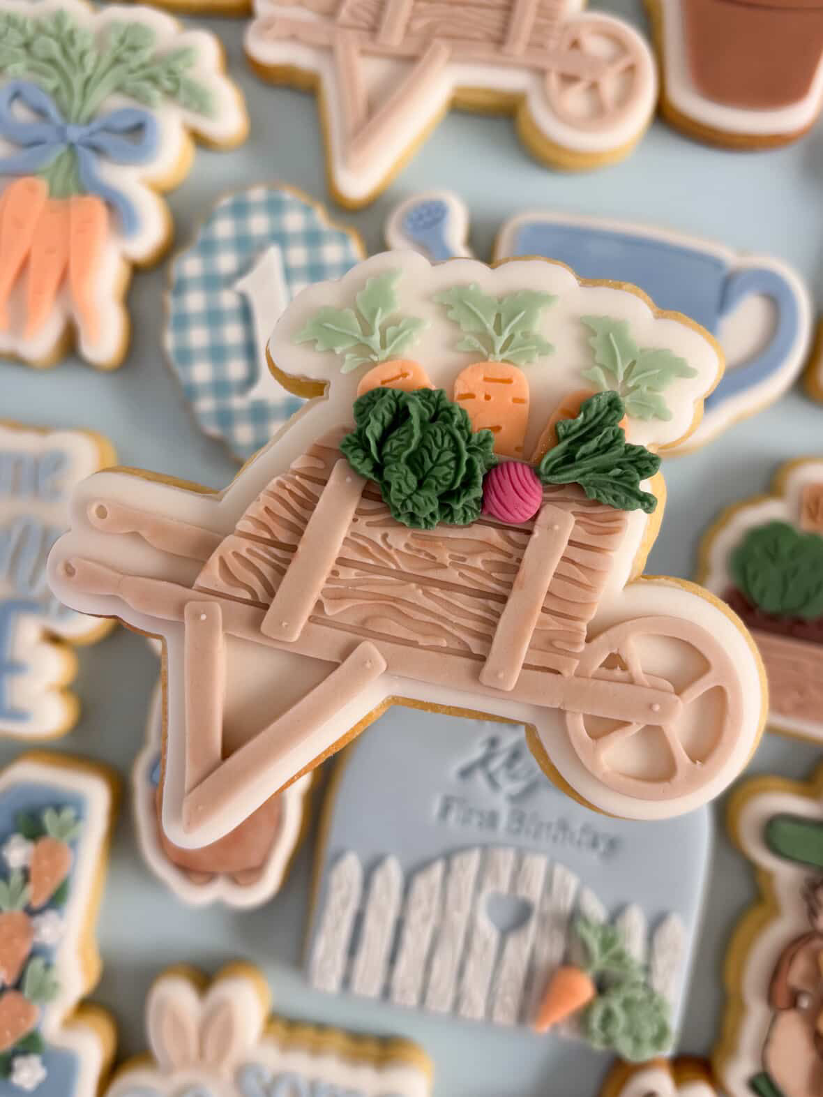 Wheelbarrow with carrots debosser and cutter