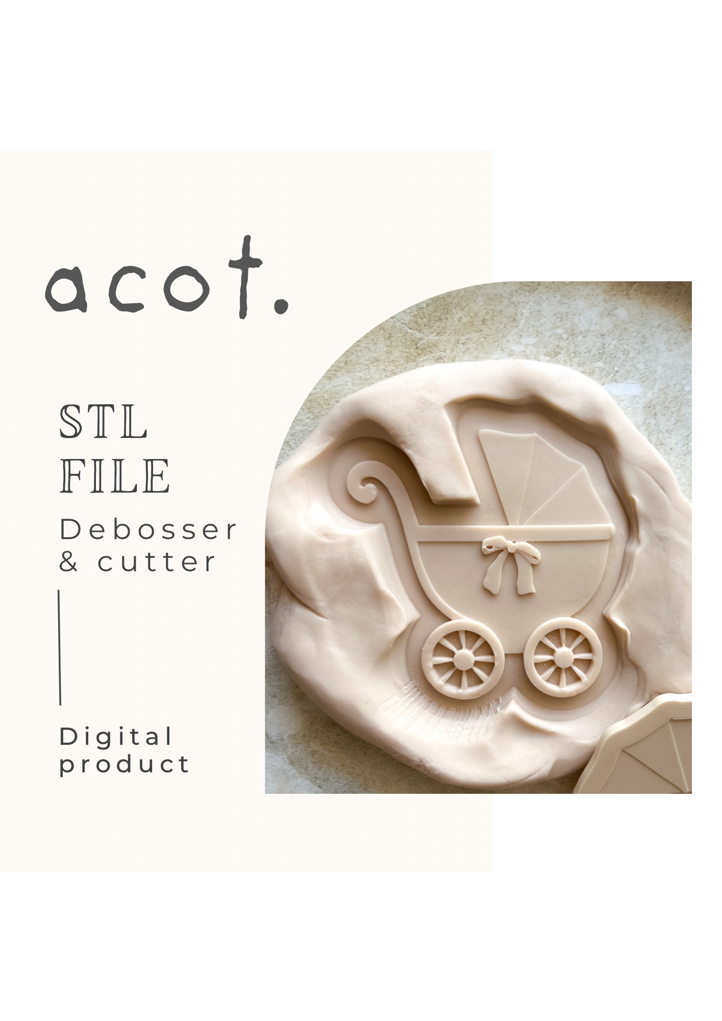 STL FILE Plain vintage pram with bow debosser and cutter