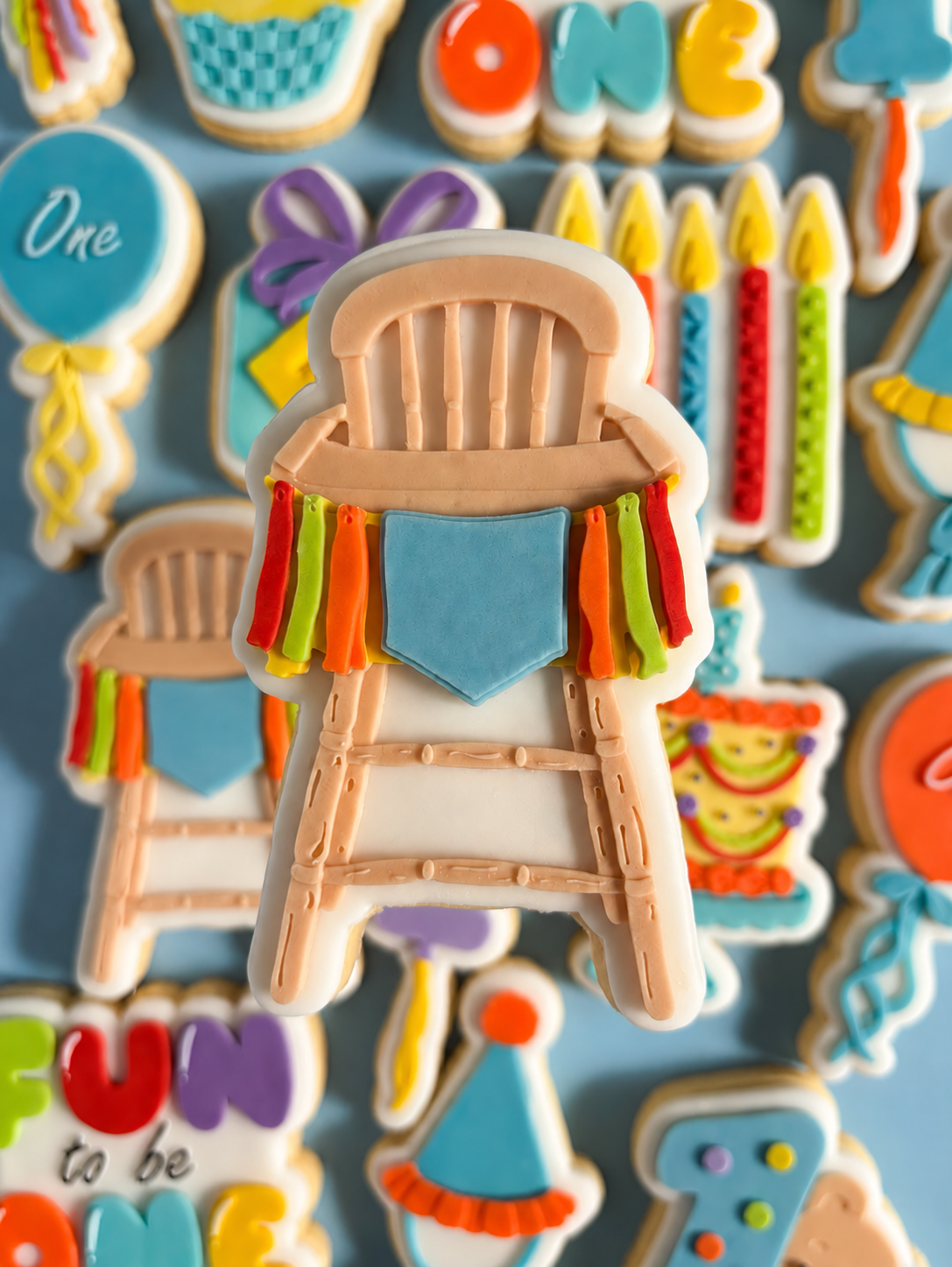 Wooden high chair with BLANK bunting debosser and cutter